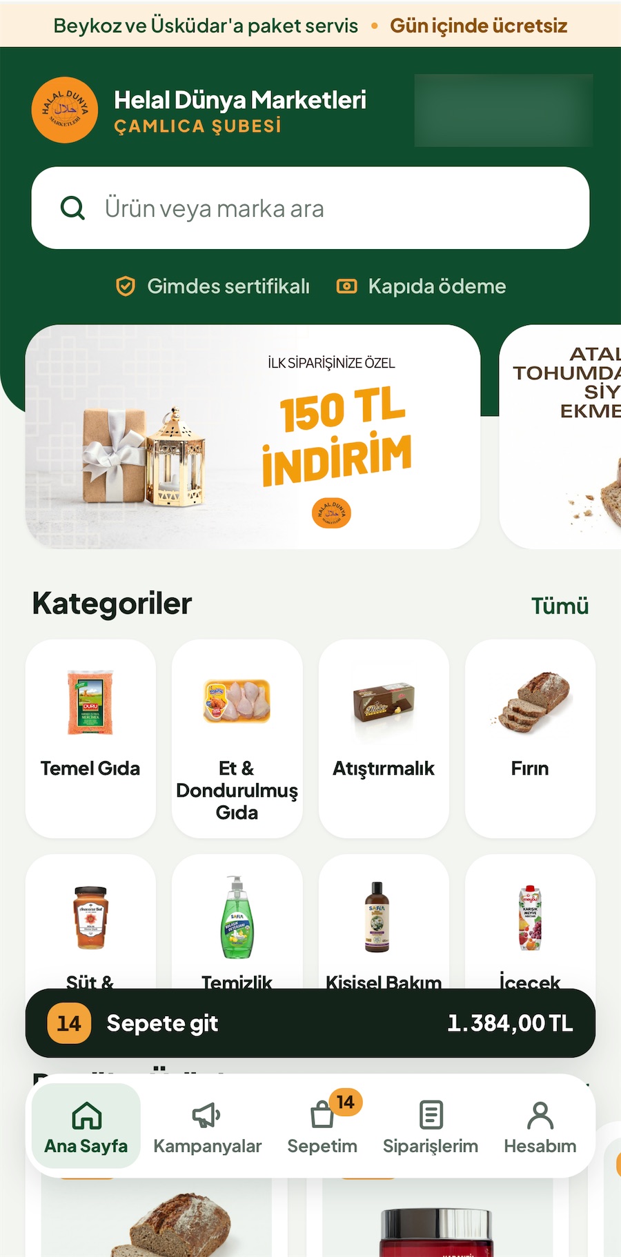 Satış uygulaması mobil ana sayfa: kampanyalar ve kategoriler
